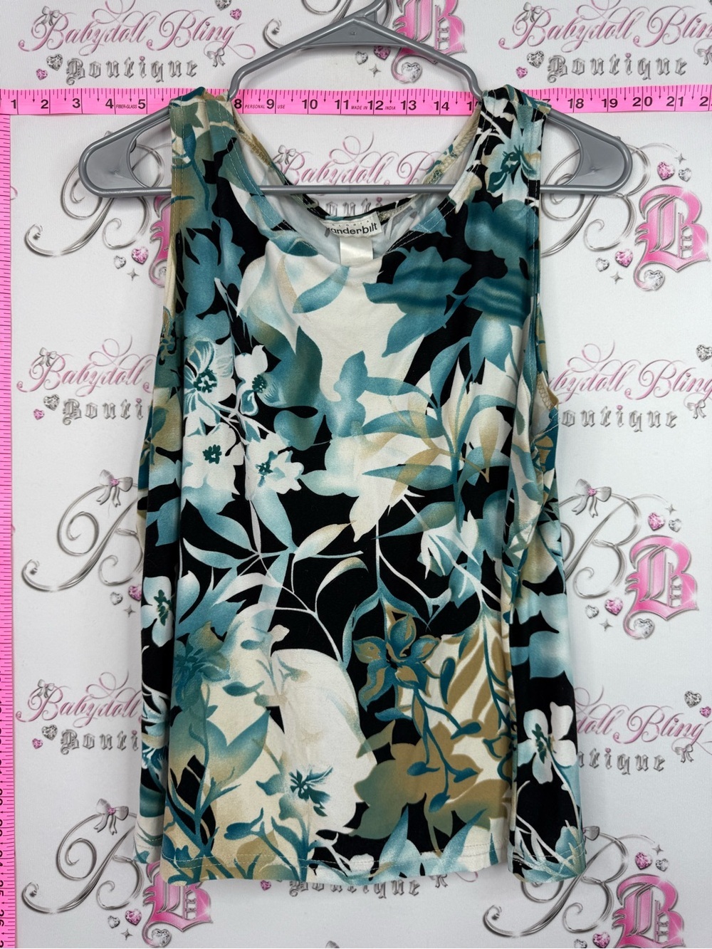 Gloria Vanderbilt tank top cowl Teal Black Cream Floral Tank